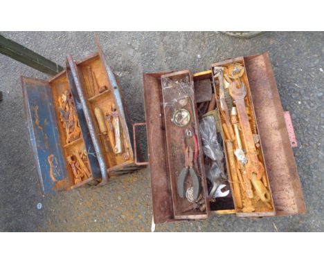 Two vintage concertina style toolboxes containing a quantity of tools