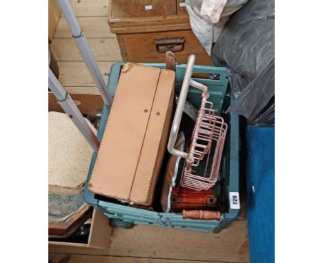 A folding crate containing a quantity of assorted collectable items including briefcase, enamelled house form lantern, etc.