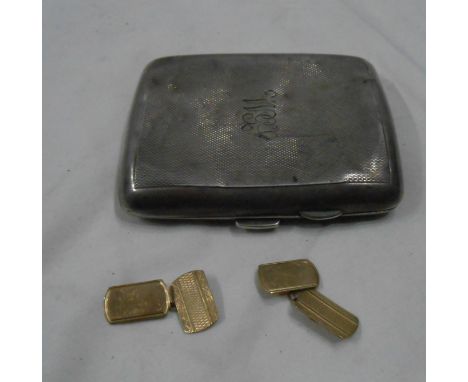 A pair of 9ct gold panel-link cufflinks - sold with a damaged silver cigarette case