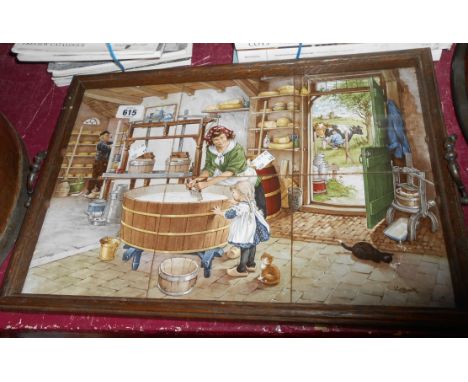 A vintage wooden tray wirth inset Dutch ceramic tile panel depicting an old dairy scene