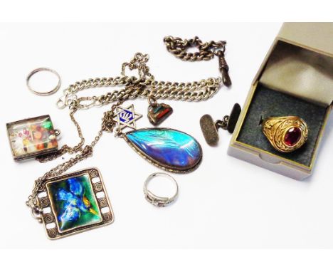 Various items of silver and white metal jewellery including a gold plated ring, enamel panel pendant and gem case pendant