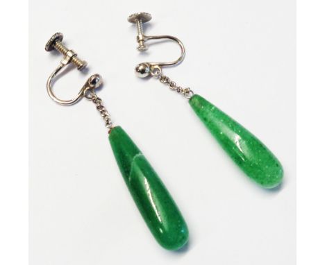 A pair of slender jade drop ear-rings, on white metal chain suspenders with screw backs