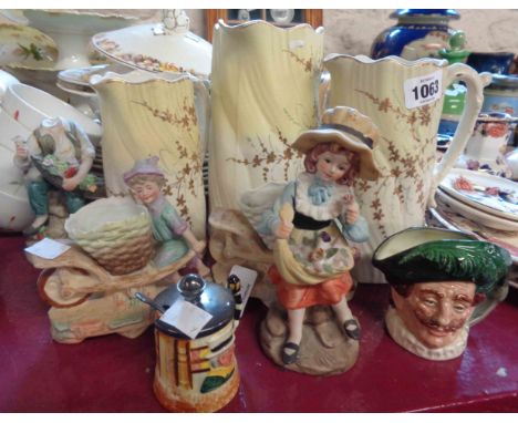 A quantity of assorted ceramic items comprising three Victorian graduated jugs, pair of Edwardian bisque spill vases, etc. - 