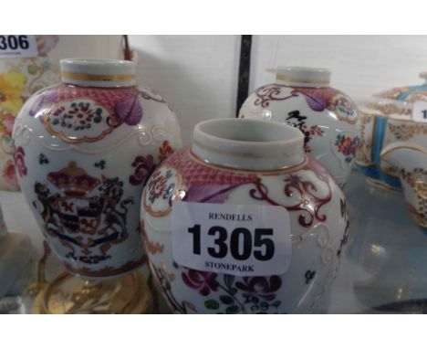 Three Sampson, Paris French porcelain armorial tea cannisters (no lids) decorated in the Chinese style