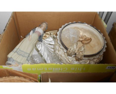 A box containing a quantity of assorted ceramic items including Lladro figure, Victorian salad bowl and server set, etc.