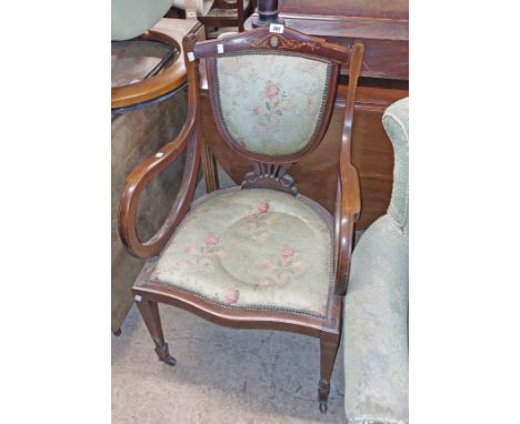 An Edwardian inlaid mahogany show frame shield back scroll elbow chair with studded upholstery - sold with a ladder back chai