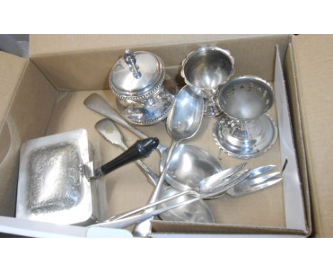 A quantity of silver plated items comprising cigarette lighter, two egg cups, card holder, two pickle forks and three dessert