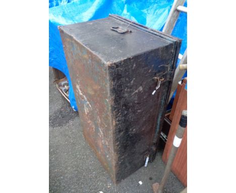 A large black japanned metal trunk