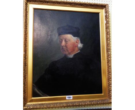 An antique gilt gesso framed oil on canvas portrait of a Victorian ecclesiastical gentleman in prayer - 54cm x 44cm