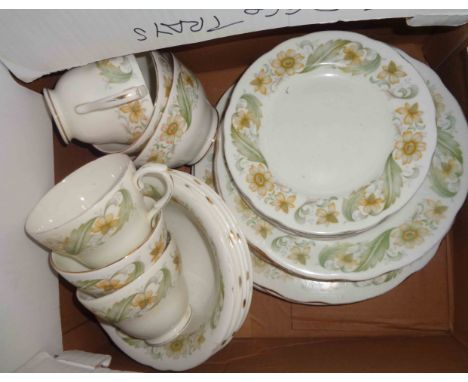 A box containing a quantity of Duchess bone china tea and dinner ware in the Greensleeves pattern comprising cups, saucer, pl