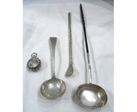 A late Georgian white metal toddy ladle with twisted whale bone handle - sold with a late Georgian ornate sifter spoon with i