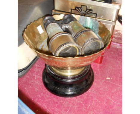 A trench art ashtray with inset coin formed from a shell casing - sold with an Eastern brass bowl on black ceramic stand (a/f