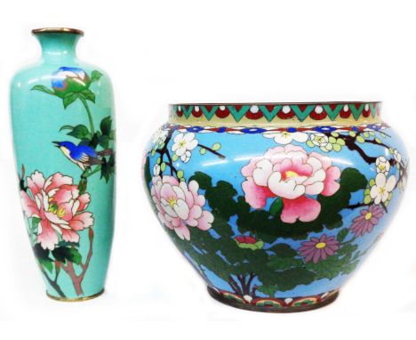 An old Japanese cloisonne jardiniere decorated with prunus blossom on a turquoise ground - sold with a similar vase decorated