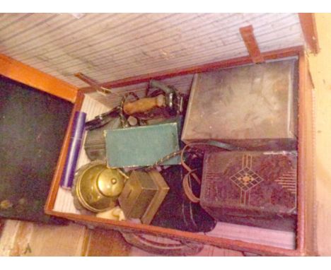 A suitcase containing a quantity of assorted collectable items including British Empire Exhibition 1924 brass tea caddy, tins
