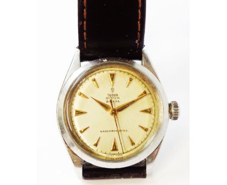 A vintage Tudor Oyster Royal gentleman's steel cased wristwatch with 28mm dial and manual wind movement, the case back marked