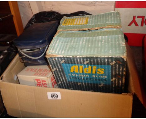 A box containing a quantity of cameras and camera equipment including Aldis colour slide projector, etc.