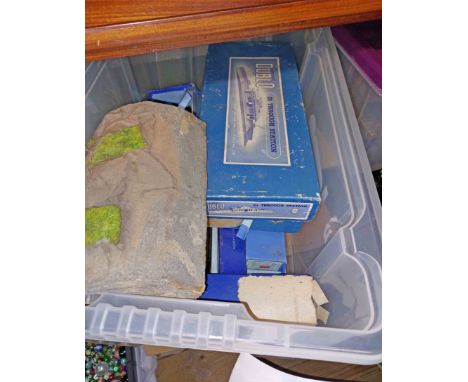Two crates containing a quantity of model railway items including engine, Hornby, Dublo, track, etc.