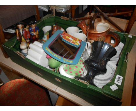 A box containing a quantity of assorted ceramic items including figures, vases, etc.