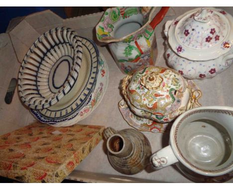 A box containing a quantity of assorted ceramic and other collectable items including 19th Century pearlware basket and stand