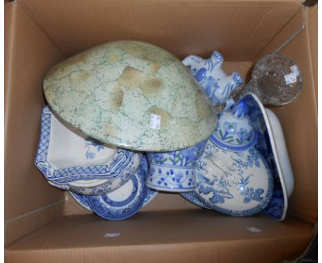 A box containing a quantity of ceramic items including blue and white pottery, etc.