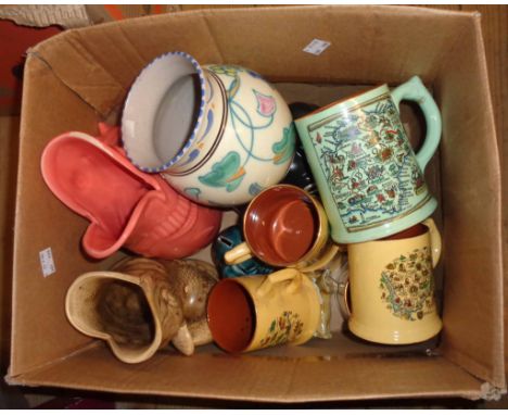 A box containing a quantity of Dartmouth pottery including gurgle jugs, cat figurines, etc. and a Honiton pottery vase