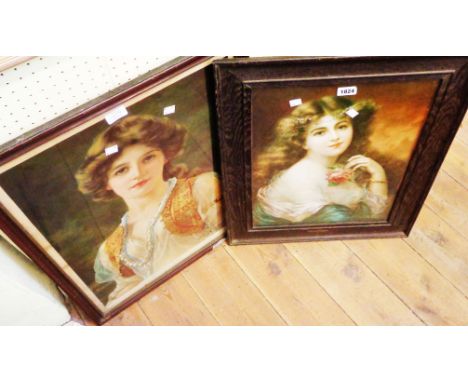 A late Victorian oak framed coloured lithographic print, depicting a maiden holding a rose - sold with another, depicting a w