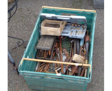 A crate containing a quantity of tools including tap and die set, files, etc.
