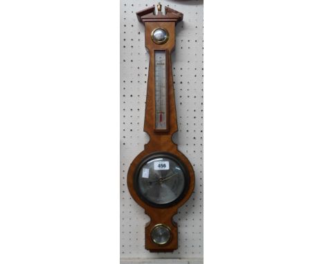 A 20th Century herringbone veneered and ebony strung cased banjo barometer/thermometer by Comitti of London with small convex