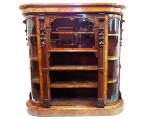 A 1.52m High Victorian figured walnut veneered display cabinet with moulded cornice, central glazed fall-front compartment wi