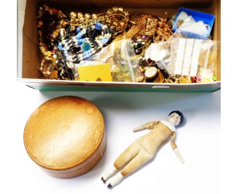 A shoe box containing a quantity of assorted costume jewellery, leather stud box and a small bisque and porcelain doll with s