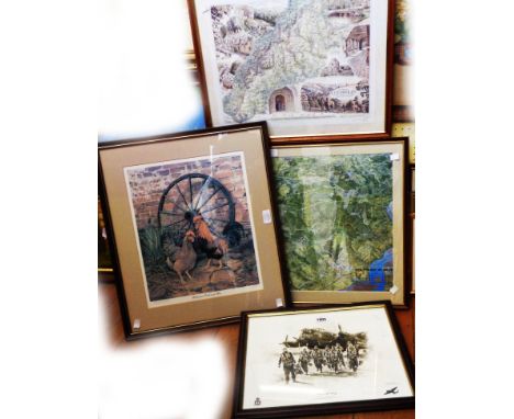 Four framed decorative prints comprising 'Salute to the Many' signed limited edition monochrome print by Mandy Shepherd 166/1