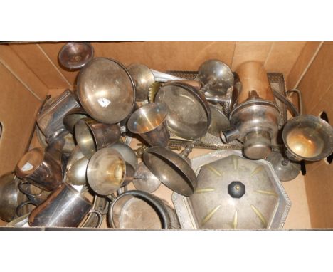 A box containing a quantity of silver plated items including drinking vessels, cocktail shaker, large ladle and muffin dish, 