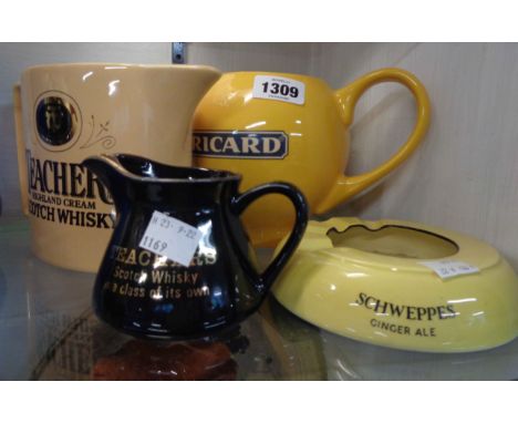A Carltonware ashtray advertising Schweppes mixers - sold with three pub advertising water jugs for Teachers Whiskey and Rica