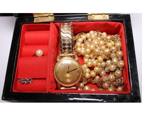 JEWELLERY BOX AND CONTENTS. Jewellery box containing pearls, vintage wristwatch etc