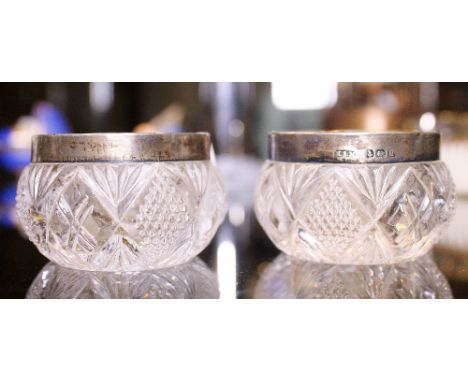 CUT GLASS SILVER RIMMED OPEN SALTS. Pair of cut glass silver rimmed open salts, maker H.S.M, Birmingham 1919