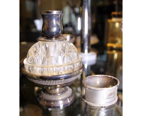 SILVER NAPKIN RING. Silver plated and glass dressing table candlestick hat pin holder and hallmarked silver napkin ring