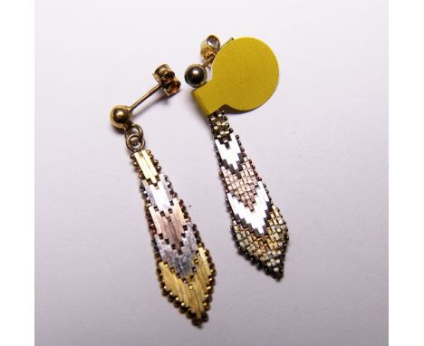 SILVER DROP EARRINGS. Sterling silver gold plated tri colour drop earrings