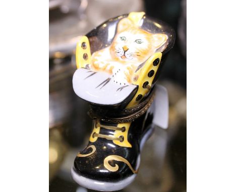 LIMOGES CAT TRINKET BOX. Limoges cat in boot trinket box ~ signed