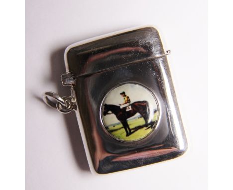 SILVER VESTA CASE. Sterling silver vesta case with horse and rider design