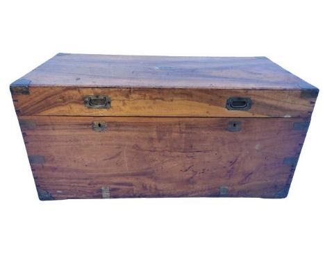 A 19th century camphor wood campaign travelling trunk / chest, brass straps, recessed brass handle to front of lid, and handl