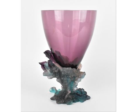 A boxed Daum glass oversized goblet with pate-de-verre 'Bacchus' stand, the purple glass fitted on the figural base with tone