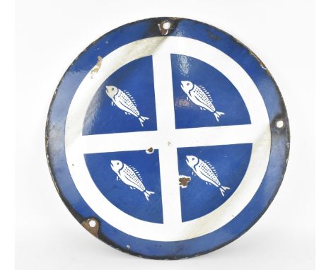 An early 20th century large Mac Fisheries double sided enamel shop sign, of circular form in blue and white, 60 cm diameter 