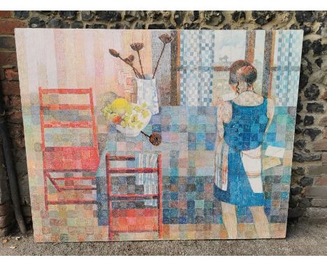 (XX/XXI) Contemporarylarge modernist style painting on thick board, depicting a woman in her kitchen reading a letter, with c