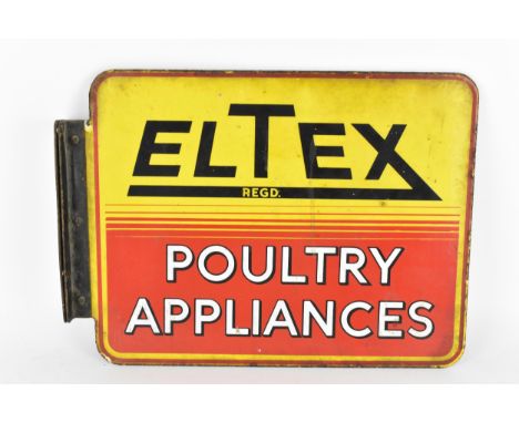A vintage enamel advertising sign for ELTEX 'Poultry Appliances', double sided with wall mounting flange, 30.5 cm high x 40.5