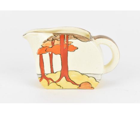A 1930s Clarice Cliff 'Bizarre' milk jug, from the 'Bonjour' collection in the 'coral firs' pattern, with factory marks to un
