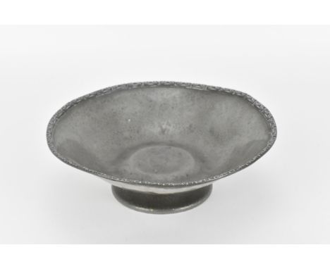 A Liberty of London pewter bowl on stand, of circular form with hammered effect throughout, on a spreading circular base, the