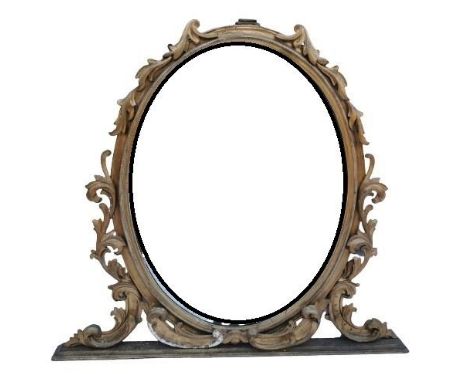 A 19th century giltwood oval mantle mirror, with scrolled acanthus frame and finial, 128 cm high x 137 cm wideProvenance: Con