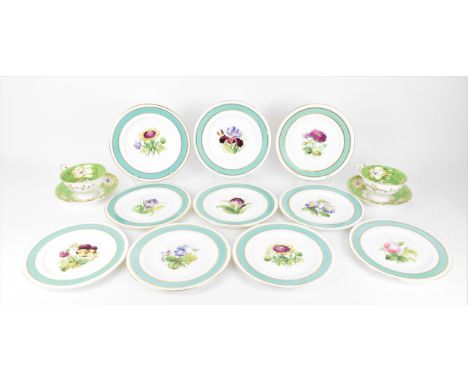 A set of ten 19th century European porcelain floral plates, of circular form, each with hand-painted flower to the centre in 