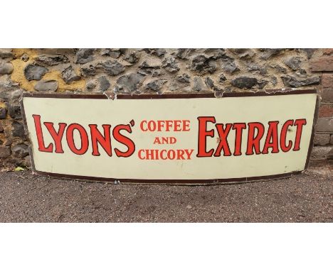 A large vintage enamel advertising sign for 'Lyons Coffee and Chicory Extract', in red lettering on a cream ground, 46 cm x 1