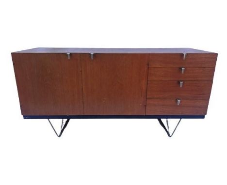 mid century modern Stag S range two door three graduated drawer sideboard raised on pin legs, designed by John and Sylvia Rei